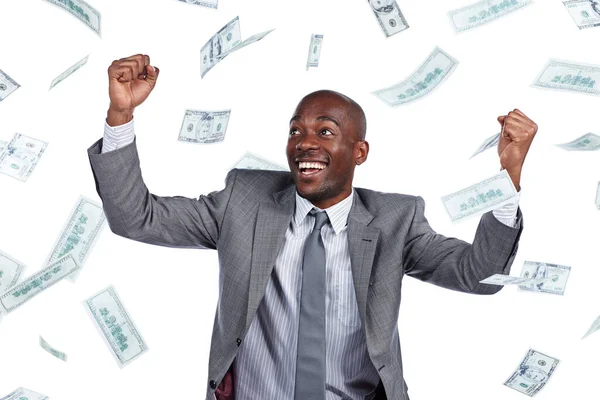 Trabalho Duro Compensa Empresário Aplaudindo Como Dinheiro Chove Contra Fundo — Fotografia de Stock