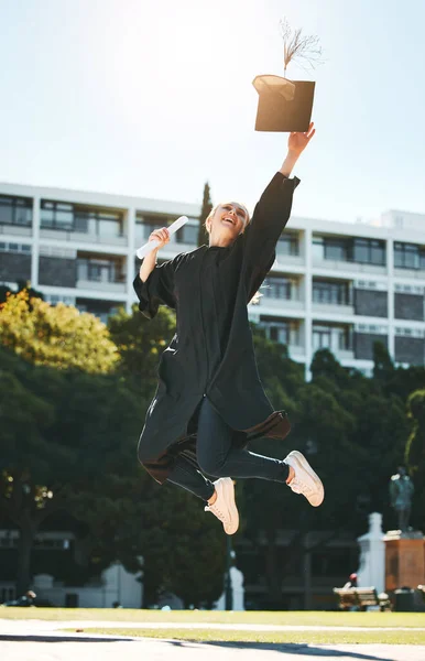 Woman Graduation Jump Celebrate College School University Certificate Sunshine Student — Stock Photo, Image