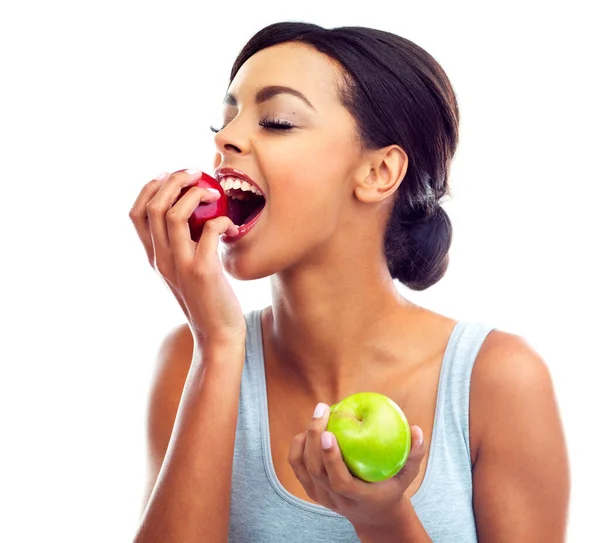 Tasty Healthy Studio Shot Young Woman Gymwear Biting Apple — Stock Photo, Image