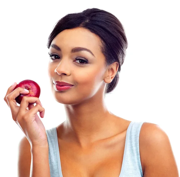 Bármi Lehetséges Edzünk Egészségesen Eszünk Egy Fiatal Tornaszerkóban Almával Kezében — Stock Fotó