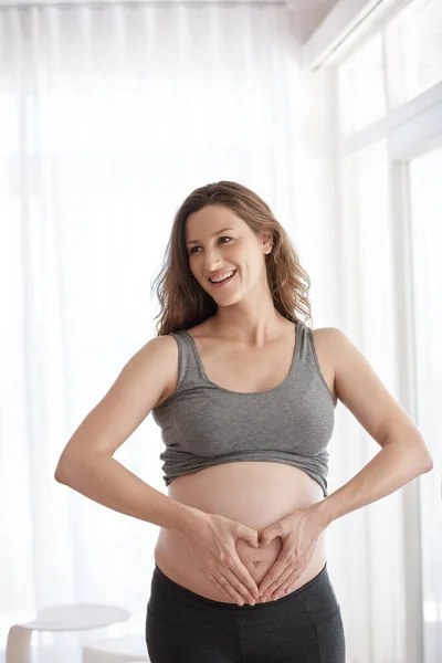 Shell Love Cherish Baby Young Pregnant Woman Standing Her Home — Stock Photo, Image