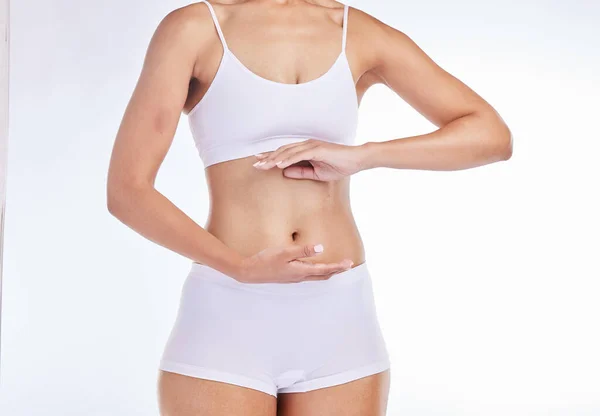 Manos Cuerpo Salud Con Una Mujer Modelo Enmarcan Estómago Estudio — Foto de Stock