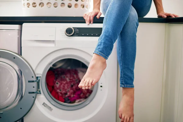 Its Laundry Day Young Woman Doing Laundry Home — Stock Photo, Image