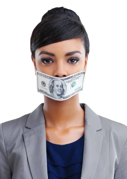 Para Konuşur Beyaz Bir Arka Plana Karşı Ağzında 100 Dolarlık — Stok fotoğraf