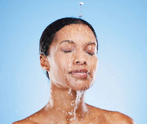 Shower, water and woman cleaning face, body or washing for daily bathroom routine, self care grooming or body care. Skincare, healthcare and facial hygiene model bathing for beauty wellness treatment.