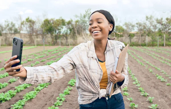 Mulher Negra Fazenda Selfie Agricultura Com Agricultor Campo Colheita Para — Fotografia de Stock