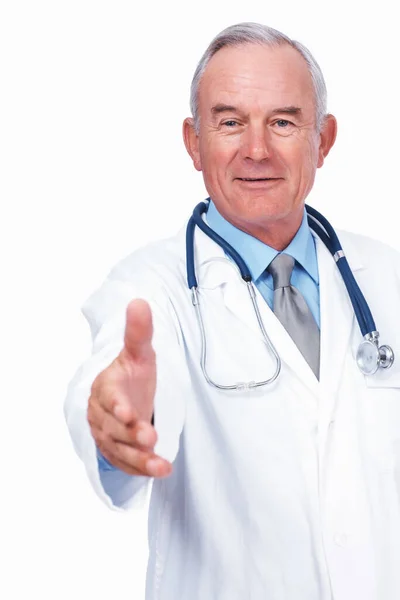 Confident Doctor Extending Handshake Portrait Smiling Mature Doctor Stethoscope Extending — Stock Photo, Image