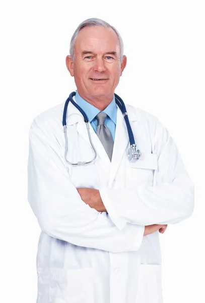 Confident Mature Doctor Portrait Confident Mature Doctor Stethoscope Standing White Stock Image