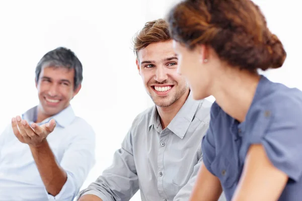 Business Points Can All Agree Three Positive Looking Businesspeople Talking — Stock Photo, Image