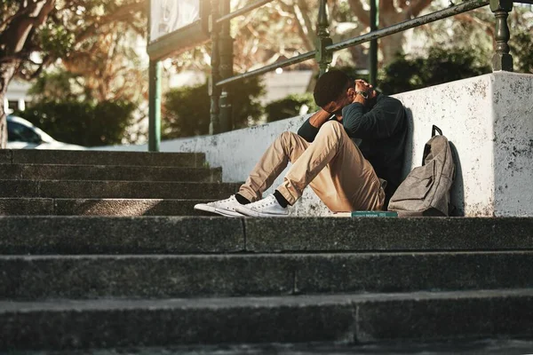 Сумний Депресивний Чорний Чоловік Тривогою Коледжі Стресом Головним Болем Від — стокове фото
