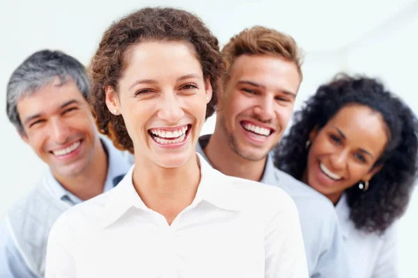 Grupo Empresarial Sonriendo Retrato Mujer Negocios Sonriendo Con Colegas Fondo —  Fotos de Stock