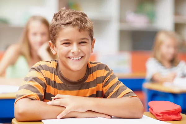 Confident Because School Inspires Achieve Happy Schoolboy Sitting His Desk — Stock Photo, Image