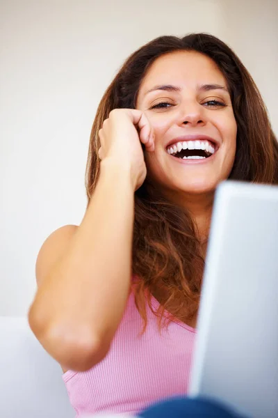 Woman Talking Mobile Phone Low Angle View Happy Woman Laptop — Stock Photo, Image