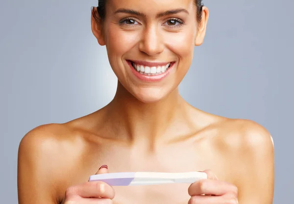 Excited Young Woman Holding Pregnancy Kit Closeup Portrait Excited Young — Stock Photo, Image