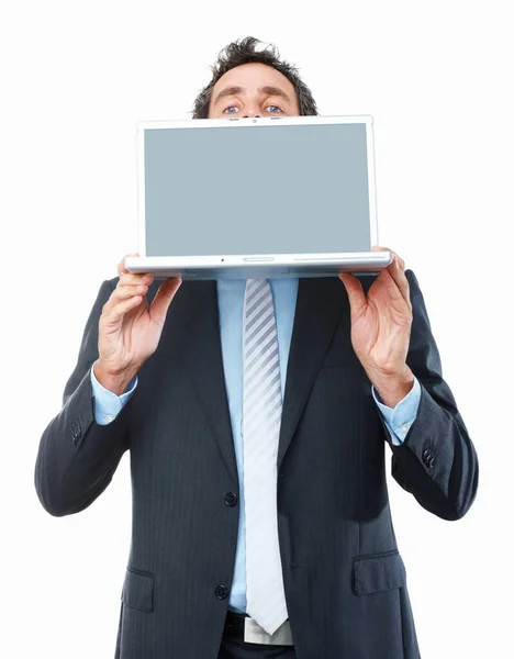 Homem Negócios Exibindo Laptop Homem Negócios Segurando Laptop Frente Seu — Fotografia de Stock