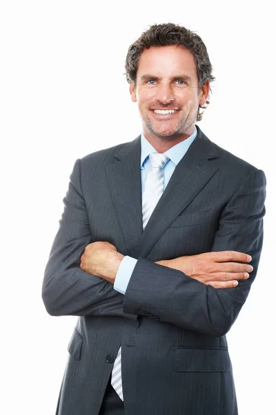 Уверенный Бизнесмен Улыбается Портрет Успешного Бизнесмена Сложенными Белом Фоне Руками — стоковое фото
