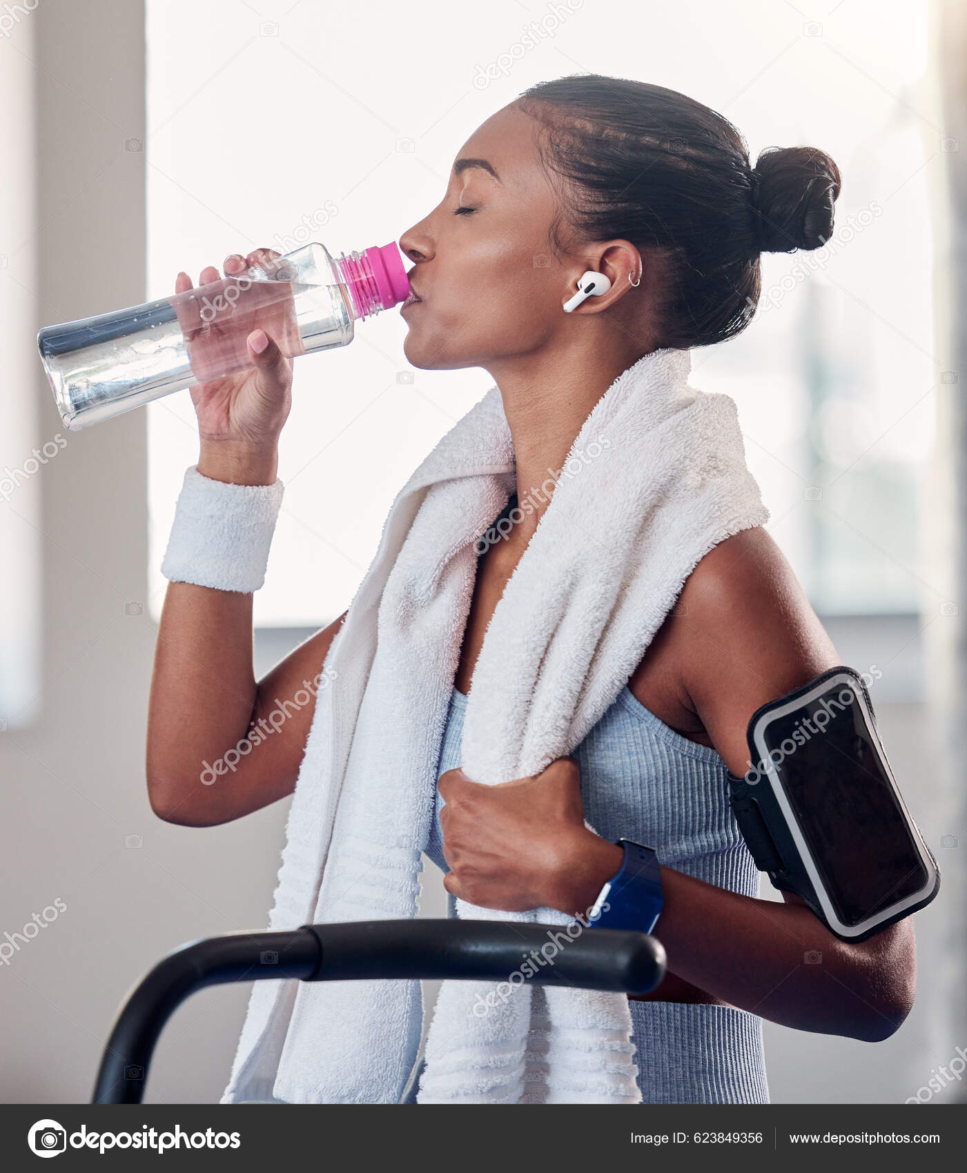 Fitness Black Woman Drinking Water Bottle Training Workout