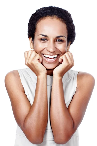 Tiene Una Sonrisa Ganadora Captura Estudio Una Mujer Confiada Posando — Foto de Stock