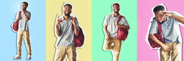 Collage Serie Onderwijs Met Een Zwarte Man Student Verschillende Kleur — Stockfoto