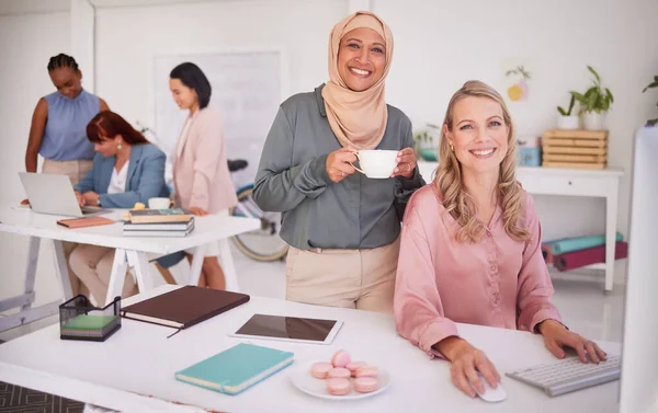 Business diversity, creative collaboration and women office employees working together on digital marketing, design and advertising project. Startup design leadership, Muslim woman and a happy smile.