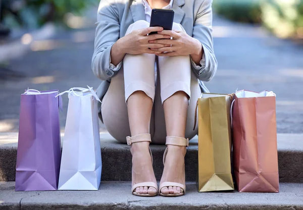 Shopping Bag City Woman Smartphone Commerce Vendita Clienti Sconto Online — Foto Stock