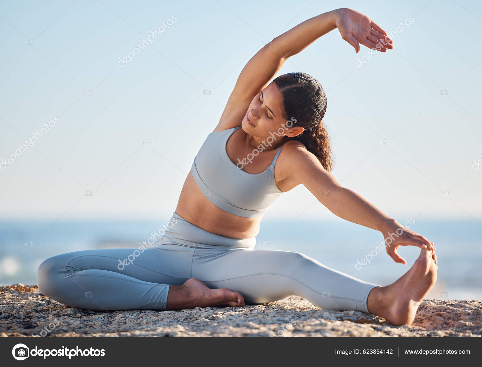 Fitness Exercise Yoga Beach Young Woman Doing Spiritual Chakra Zen