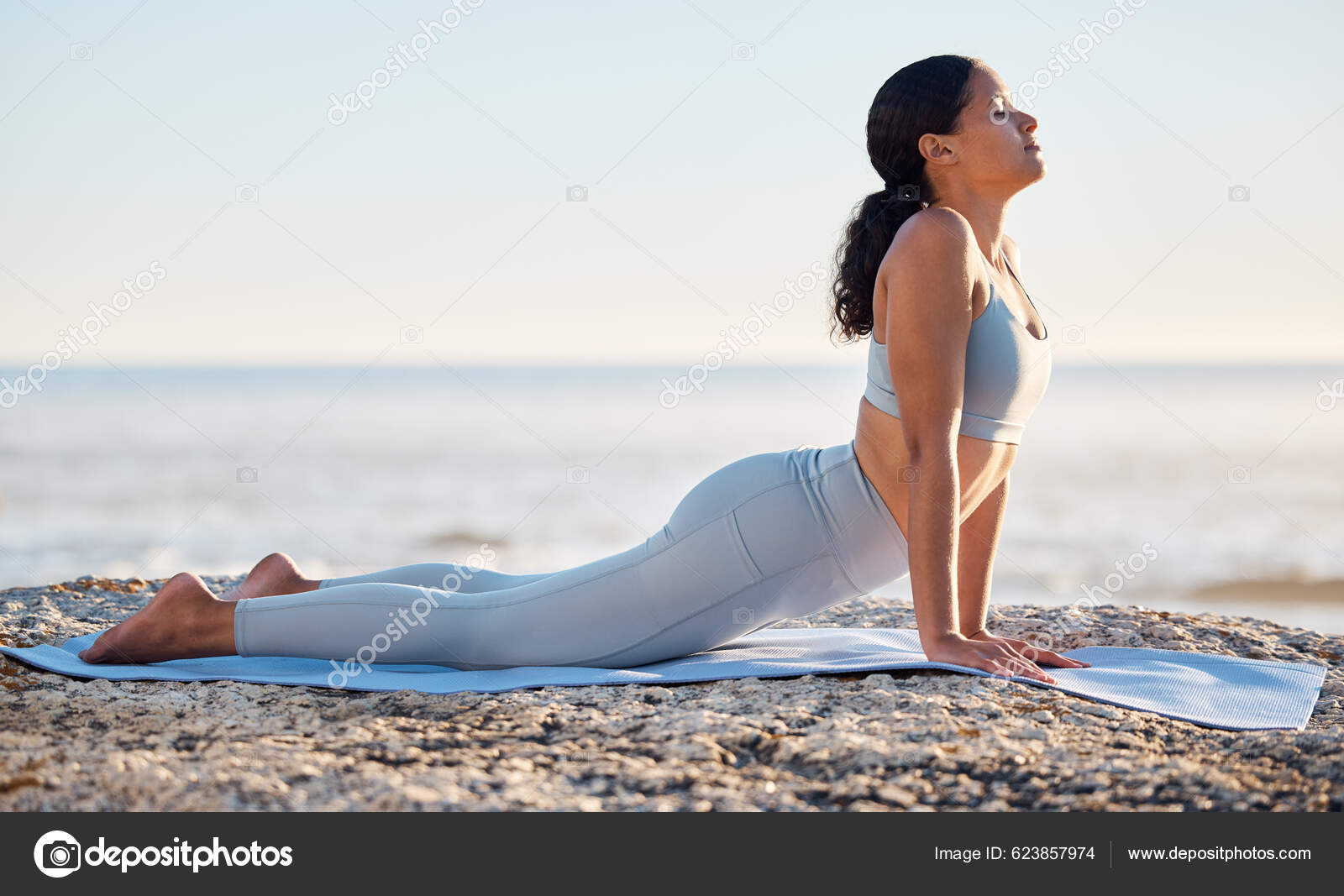 Beach Yoga Woman Doing Stretching Exercise Mind Body Spiritual