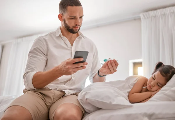 Thermometer, phone and father with a sick child in the bedroom sleeping and communication on a mobile app for healthcare. Results, concern and dad on a mobile for internet search about kid virus.