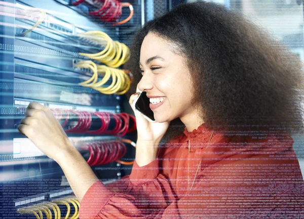 Server, engineer and phone call in data center with futuristic overlay for cloud computing, maintenance and big data. Tech, cyber security and smartphone communication of black woman in it career
