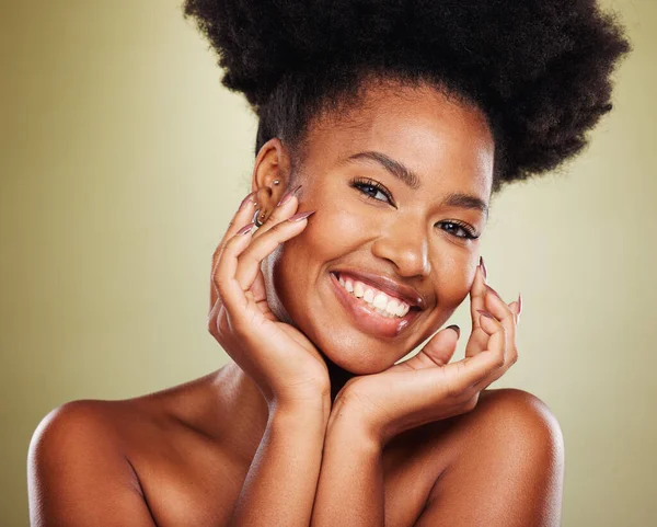 Beauty, portrait and black woman with face, manicure and cosmetics skincare in green studio for youth wellness marketing. Young african model in headshot with smile for dermatology skin care health.