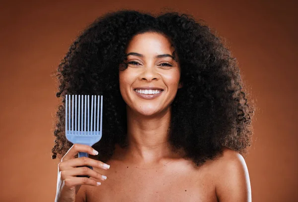 Black Woman Hair Care Smile Portrait Comb Afro Pick Beauty — Stock Photo, Image