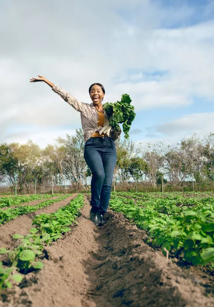 Mulher Feliz Retrato Comemorar Agricultura Colheita Natureza Ambiente Jardinagem Campo — Fotografia de Stock