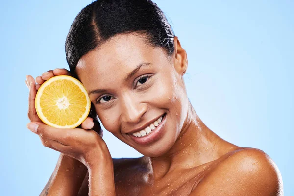 Cilt Bakımı Güzellik Portakal Meyvesi Stüdyodaki Siyahi Kadınlar Için Kozmetik — Stok fotoğraf