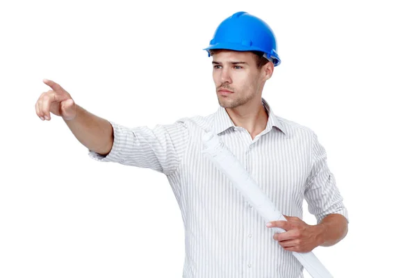 Construção Andamento Estúdio Homem Com Chapéu Duro Segurando Plantas Apontando — Fotografia de Stock