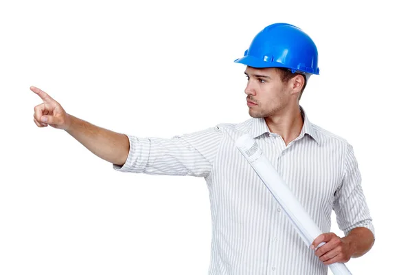 Supervisionando Projeto Construção Estúdio Tiro Homem Usando Chapéu Duro Segurando — Fotografia de Stock