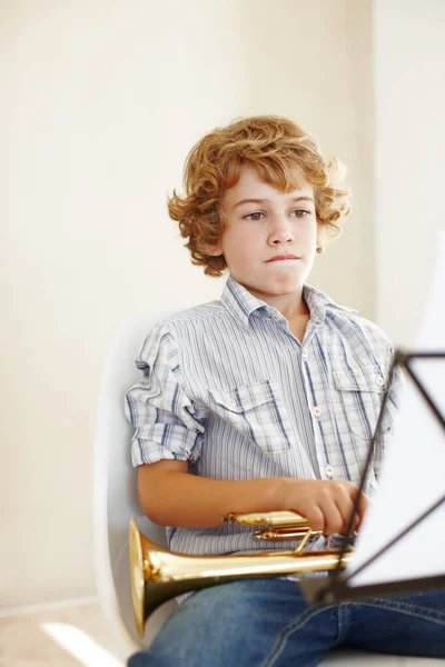 Hes Cutest Trumpet Player Cute Little Boy Playing Trumpet — Stock Photo, Image