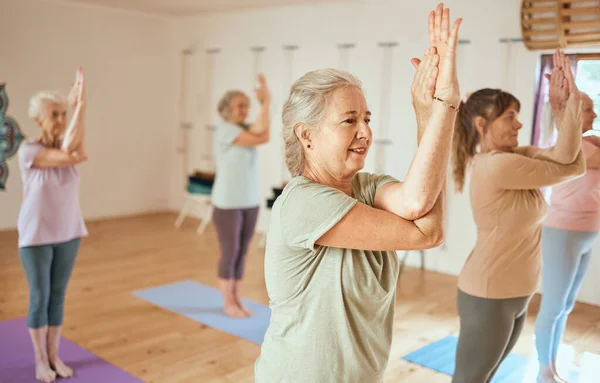 Pilates Wellness Och Grupp Äldre Kvinnor Som Gör Ett Sinne — Stockfoto