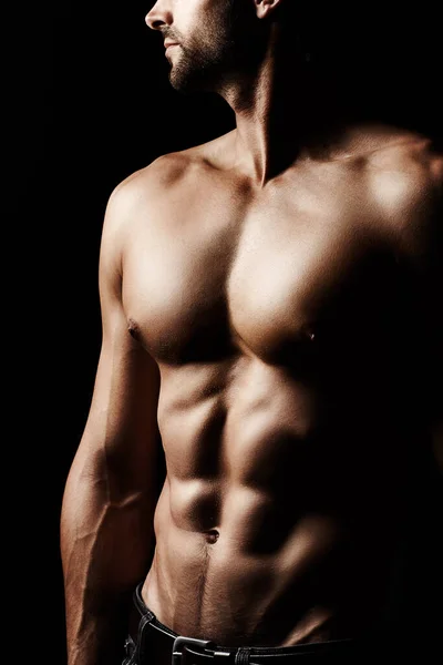 Masculinidade Retrato Estúdio Tiro Homem Sem Camisa Muscular Isolado Preto — Fotografia de Stock
