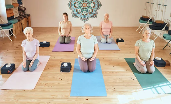 Yoga class, exercise and group together for meditation, wellness and health during a zen, chakra or spiritual workout. Old people at studio for peace, calm and balance or mindfulness in retirement.