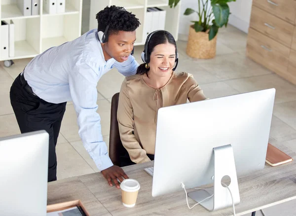 Black man, woman or computer call center training in crm consulting, b2b sales telemarketing or customer support office. Smile, happy or talking intern receptionist on technology with mentor question.