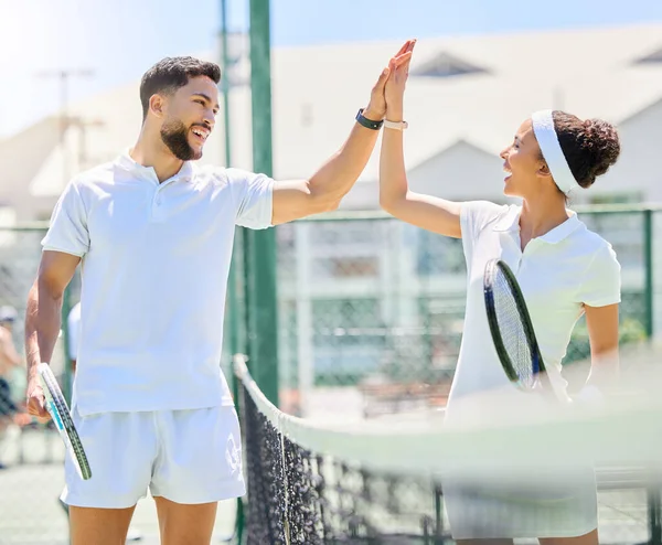 Tennis Sport Batti Cinque Con Allenatore Atleta Sostengono Celebrano Successo — Foto Stock
