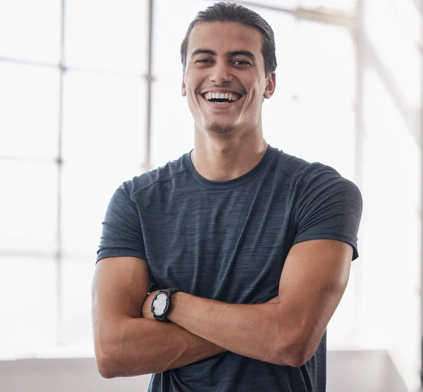 Aptidão Riso Retrato Homem Feliz Para Crescimento Muscular Sucesso Treino — Fotografia de Stock
