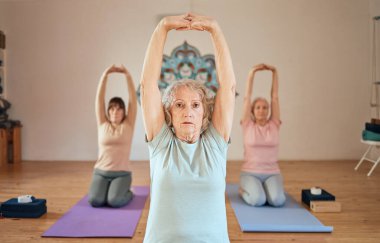 Yoga, esneme ve yaşlı kadınlar için spor, sağlık motivasyonu ve sağlık stüdyosunda vücut sağlığı. Zen meditasyonu, çakra enerjisi ve yaşlılar egzersiz eğitimi için kollarını açarlar..