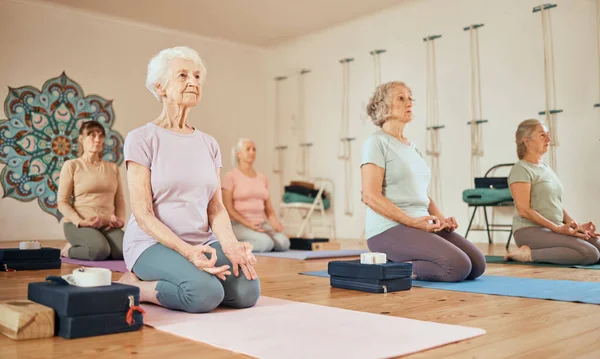 Yoga Lótus Grupo Mulheres Seniores Ginásio Meditando Para Saúde Espiritual — Fotografia de Stock