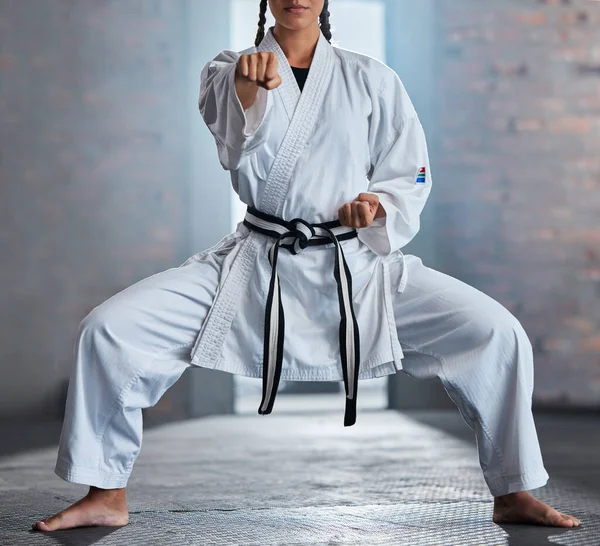 Karate Sport Fitness Ženou Bojovník Nebo Sportovec Trénink Tělocvičně Při — Stock fotografie