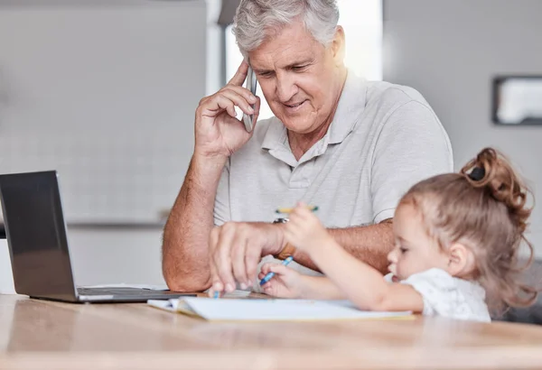 stock image Phone call, senior man and girl at a table, working, remote and multitasking while drawing, bonding and checking email. Elderly businessman freelancing while enjoying a fun activity with grandchild.