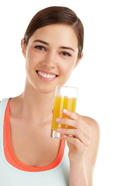 Vaso Naranja Mantiene Vitamina Alta Bonita Joven Aislada Blanco Bebiendo —  Fotos de Stock