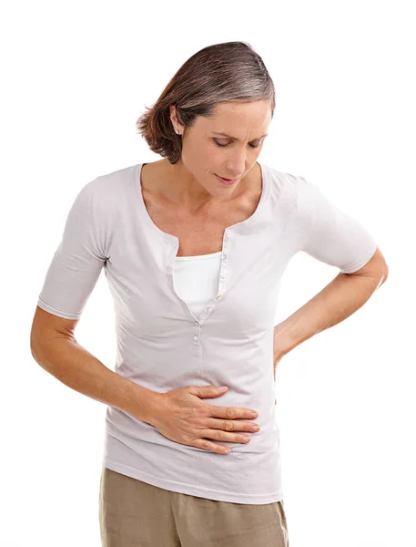 Dolor Estómago Incomodidad Estudio Una Mujer Madura Que Experimenta Dolor —  Fotos de Stock