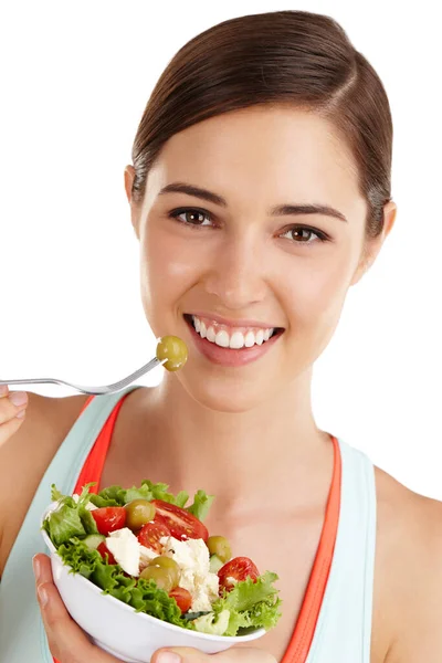 Schoon Eten Smerig Trainen Vrouw Tegen Witte Achtergrond Klaar Salade — Stockfoto