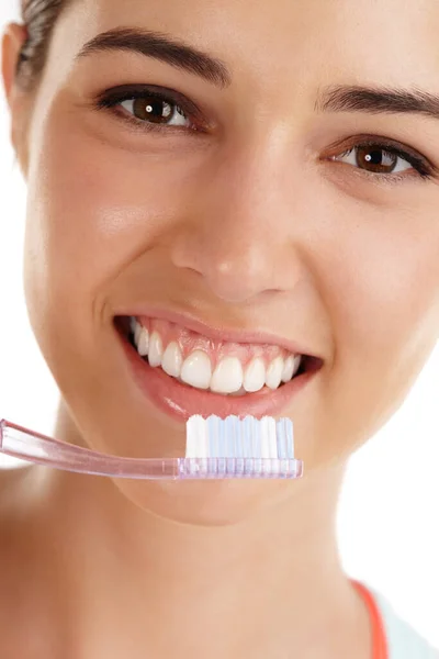 Secret Perfect Smile Beautiful Young Lady Holding Toothbrush Smiling — Stock Photo, Image